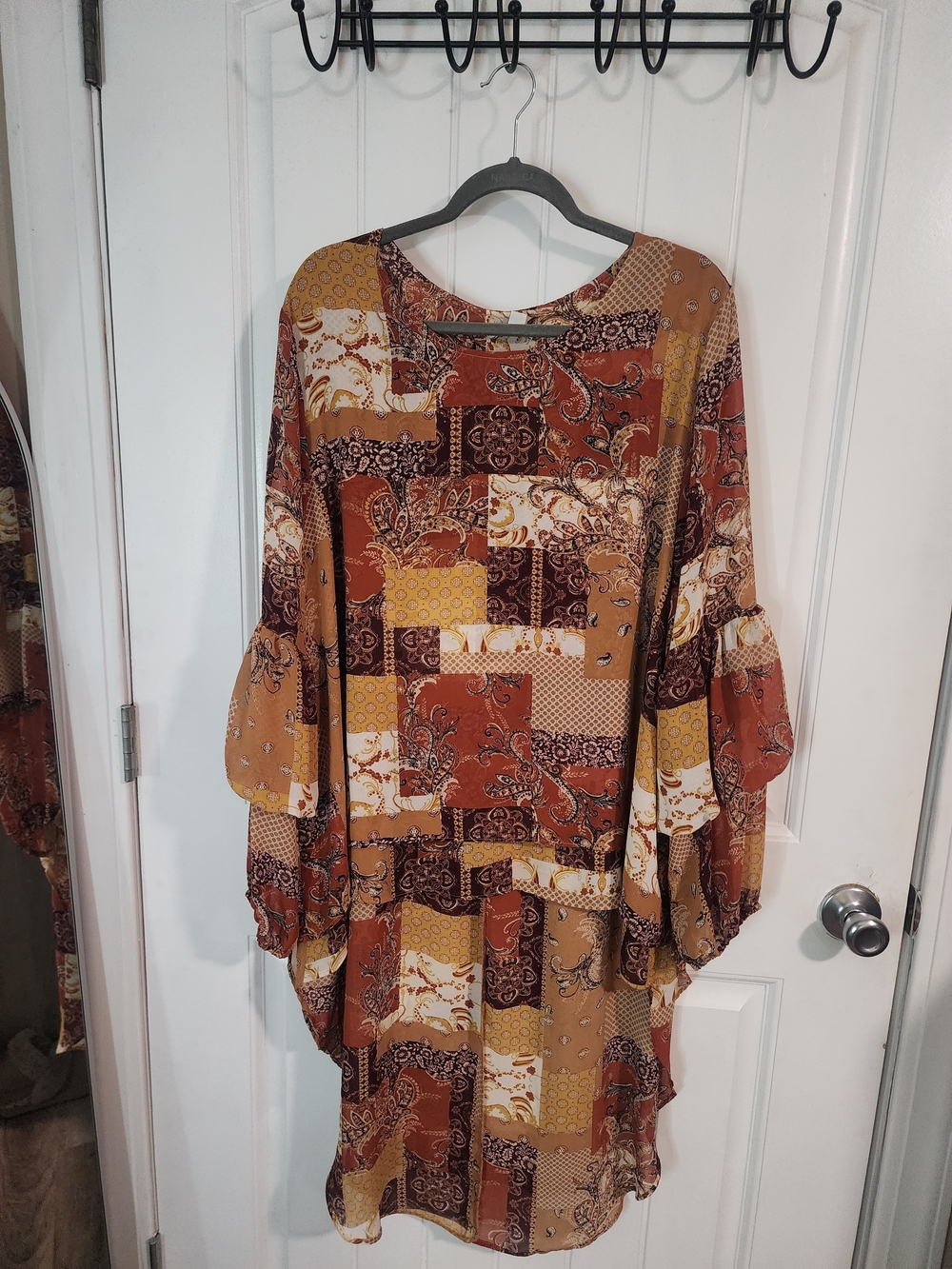 Cato Patchwork Paisley Long Sleeve Tunic Dress in Rust, Mustard & Brown